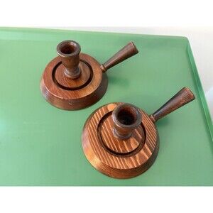 Vintage Danish Teak Chamberstick Candle Holder Pair MCM Wood
